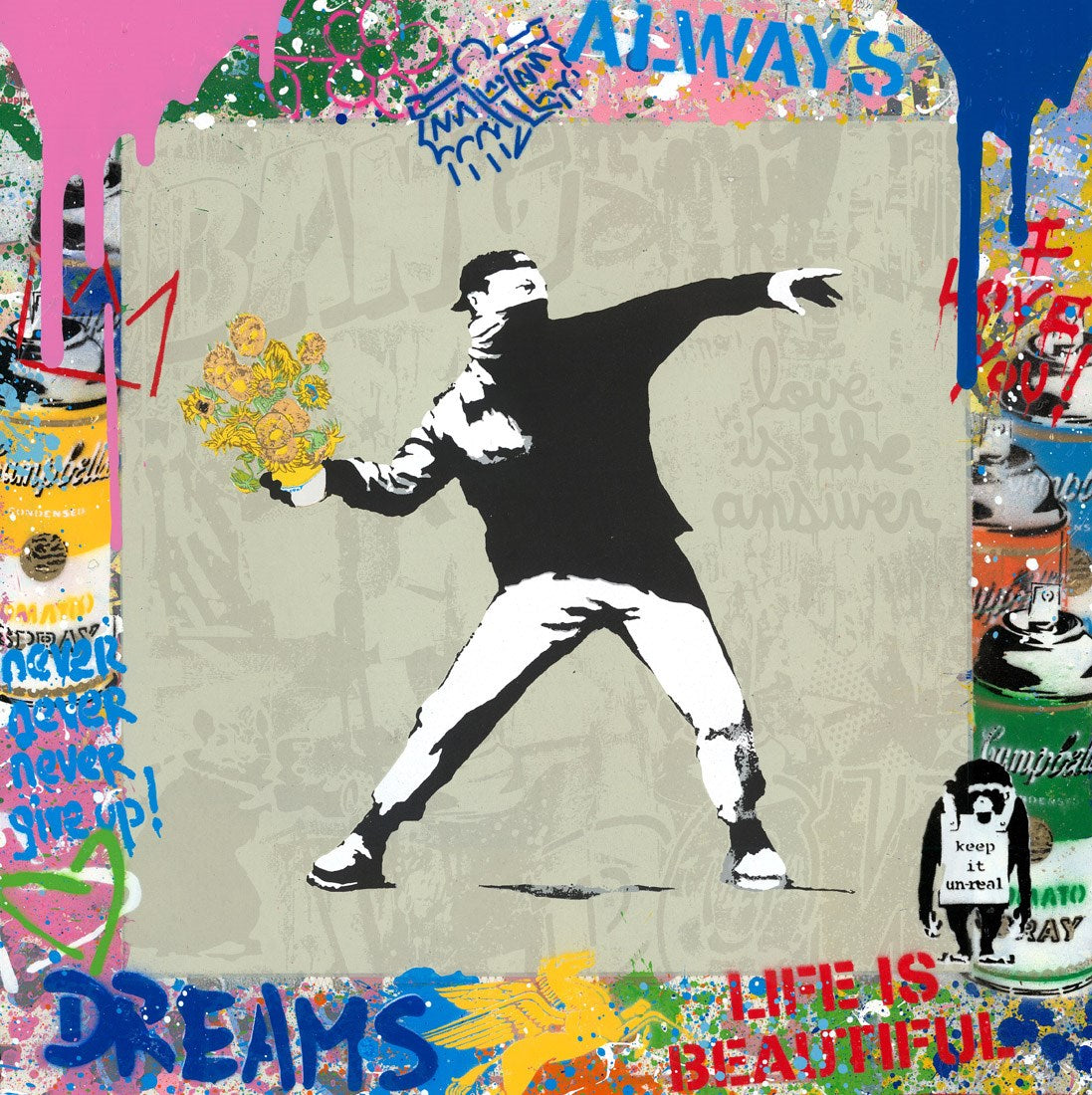 Mr.Brainwash ポスター　Banksy 額装付き Banksy Flower Thrower | Mr. Brainwash - Clarendon Fine Art