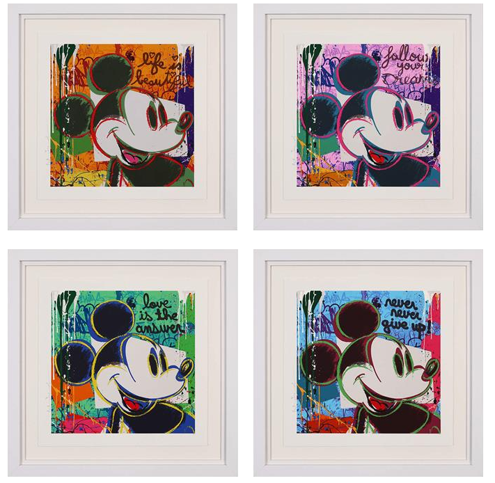 Four Mr Brainwash street art paintings of portraits of Mickey House, they have colours of orange, purple, green and blue.