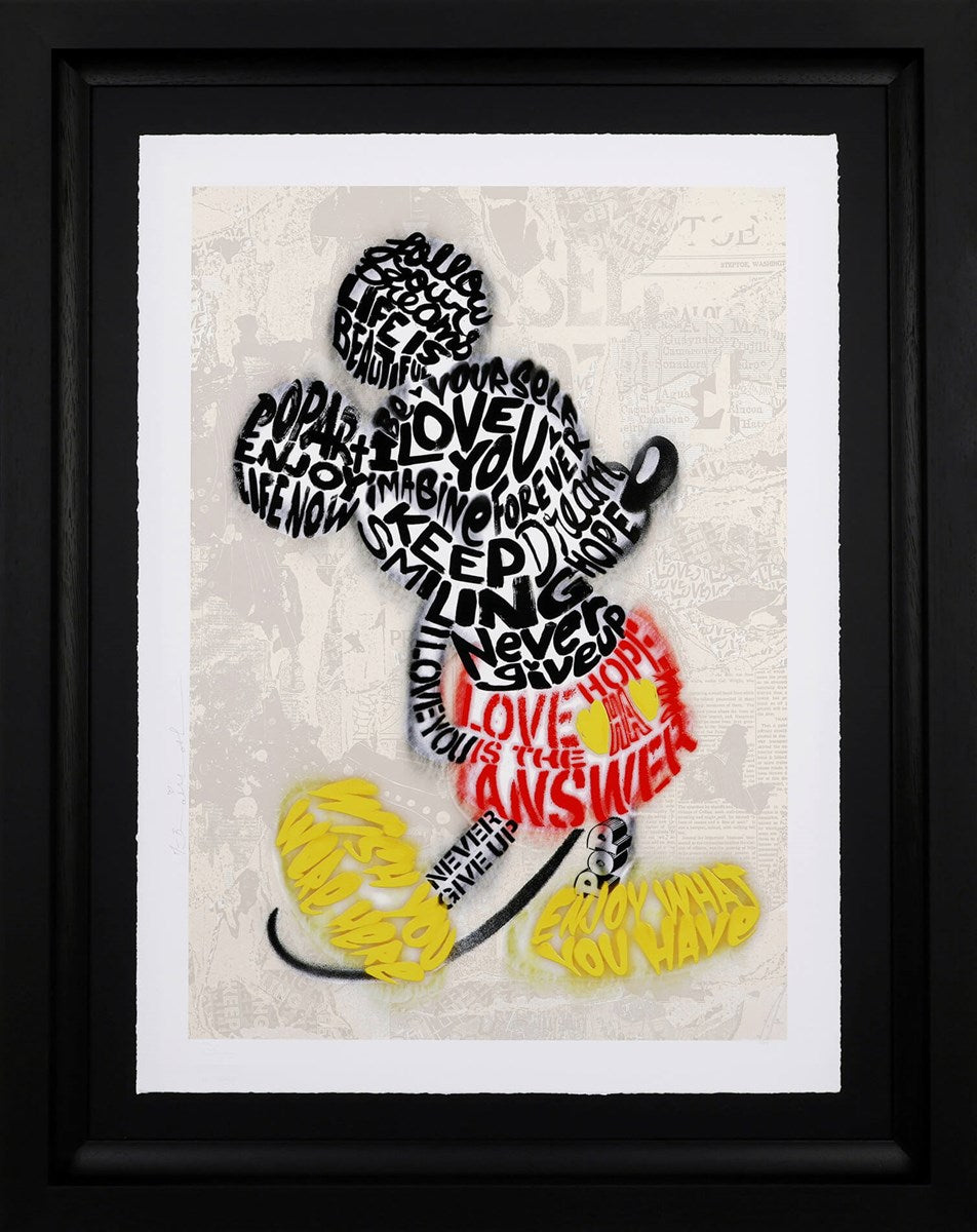 Mr Brainwash painting of Mickey Mouse made using typography which says 'love is the answer' and 'keep smiling' and more.